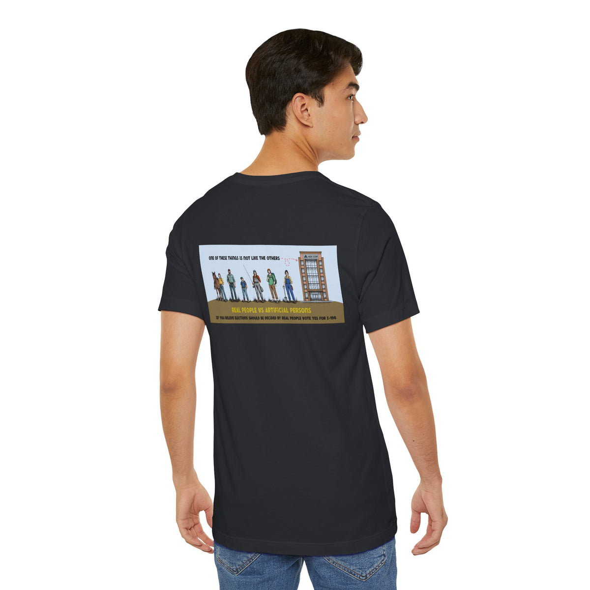 The Montana Plan, Real People, image on the back, Unisex Jersey Short Sleeve Tee