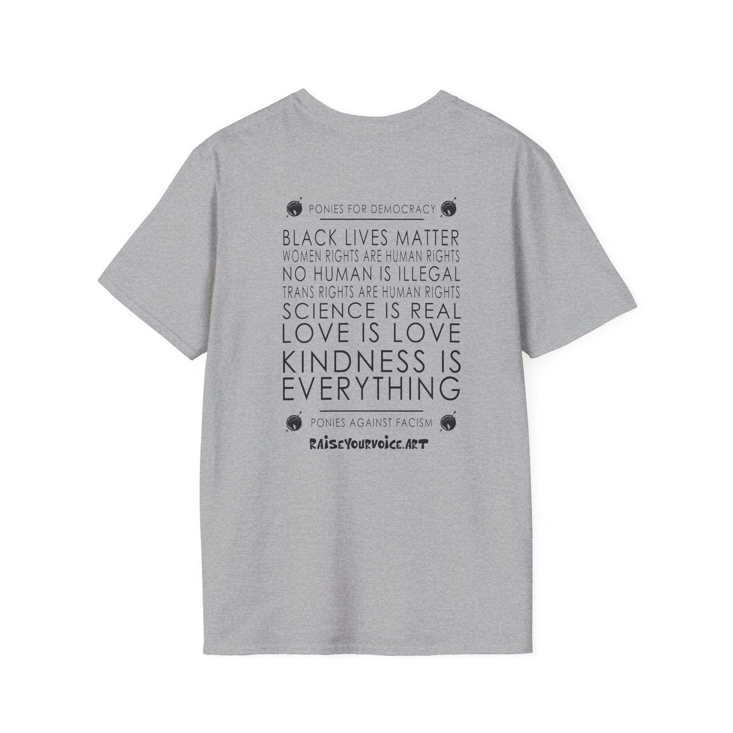 Blue Pony Club & Social Justice Message - Unisex Softstyle T-Shirt