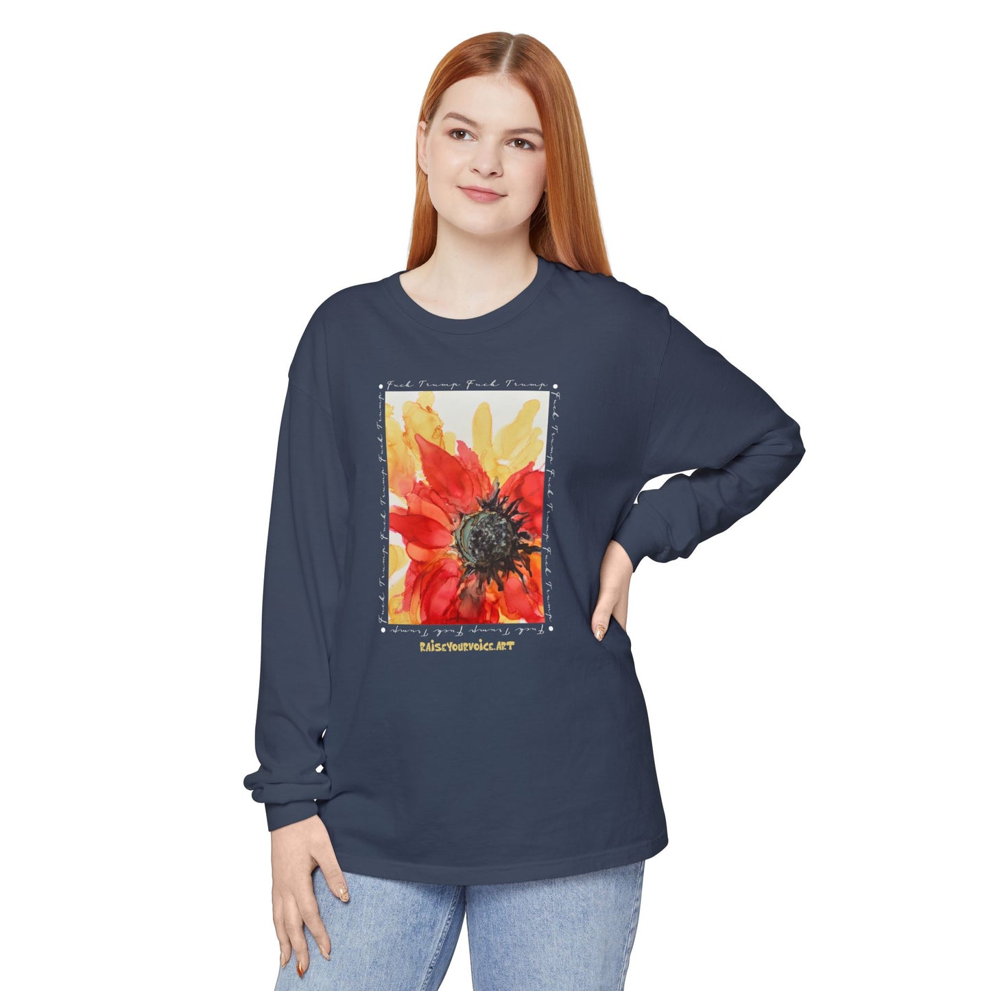 Floral Sunflower Long Sleeve Tee for Nature Lovers & those that despise Trump