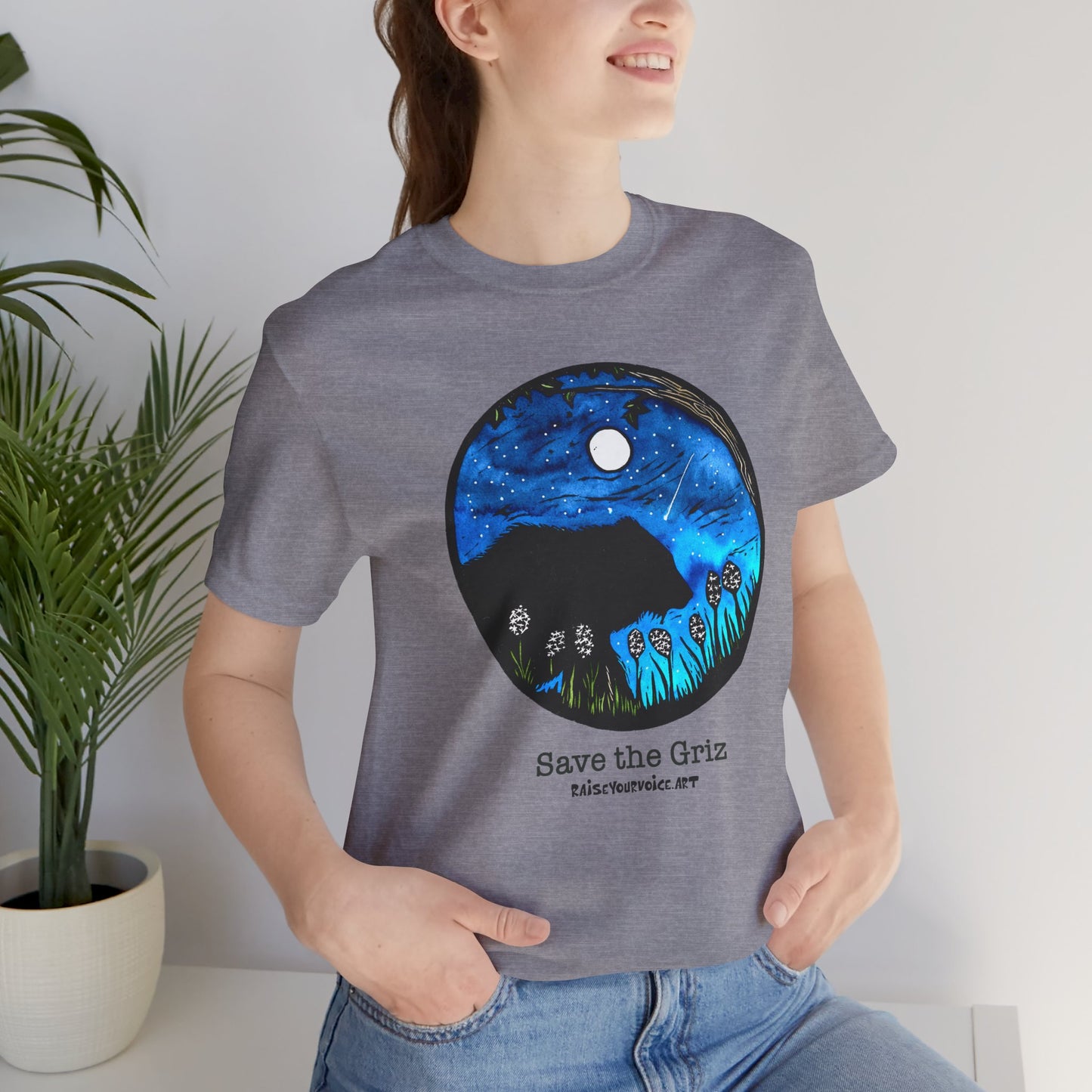 Save The Griz! - Unisex Short Sleeve T-Shirt with Floral Night Scene