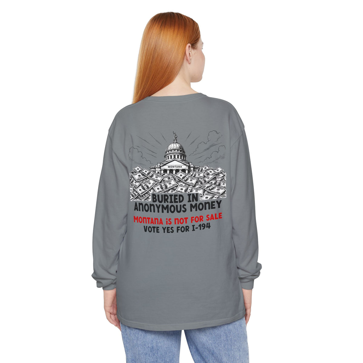 The Montana Plan, Buried in Anonymous Money, image on back - Unisex Long Sleeve