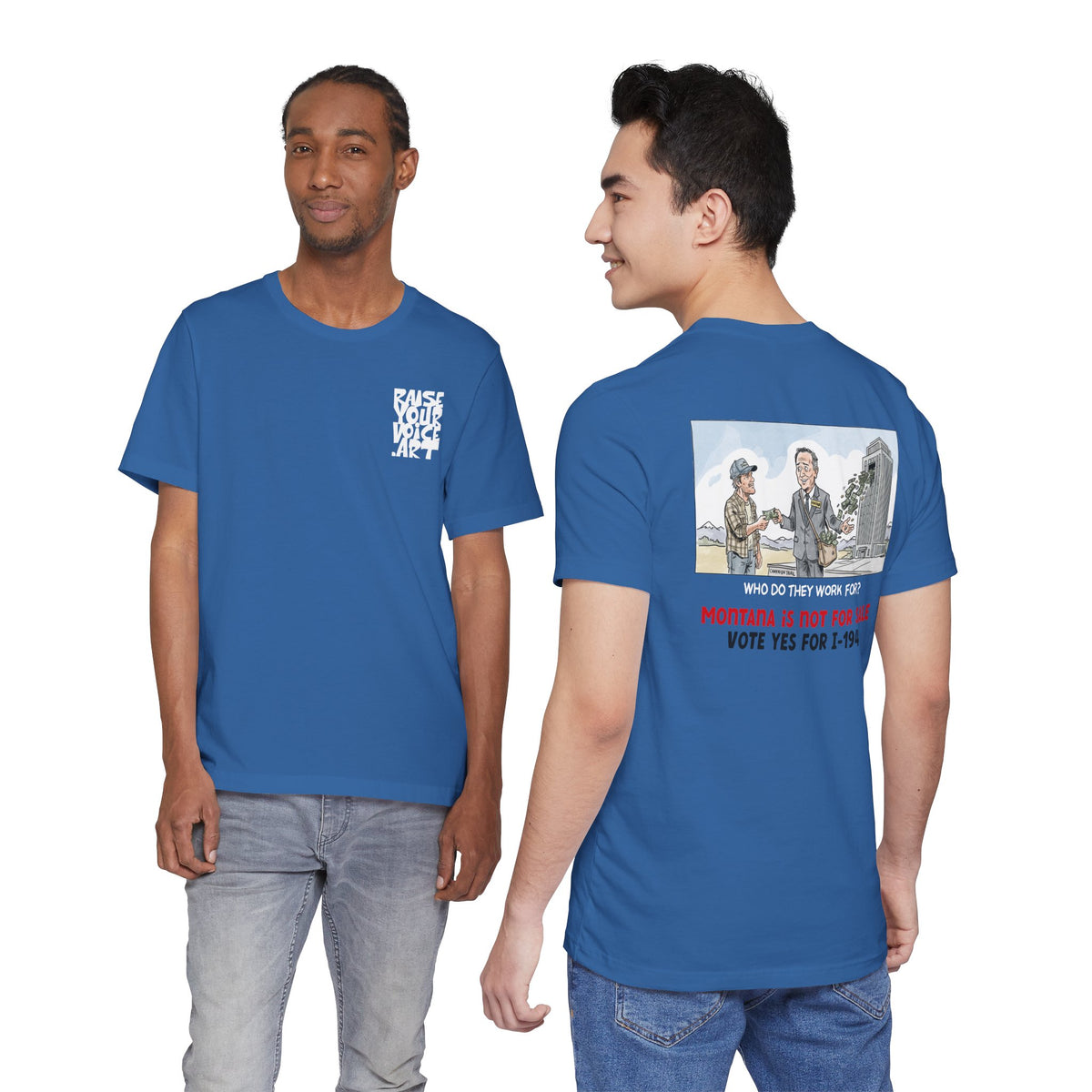 The Montana Plan, Real People, Who Do They Work For? image on the back, Unisex Jersey Short Sleeve Tee