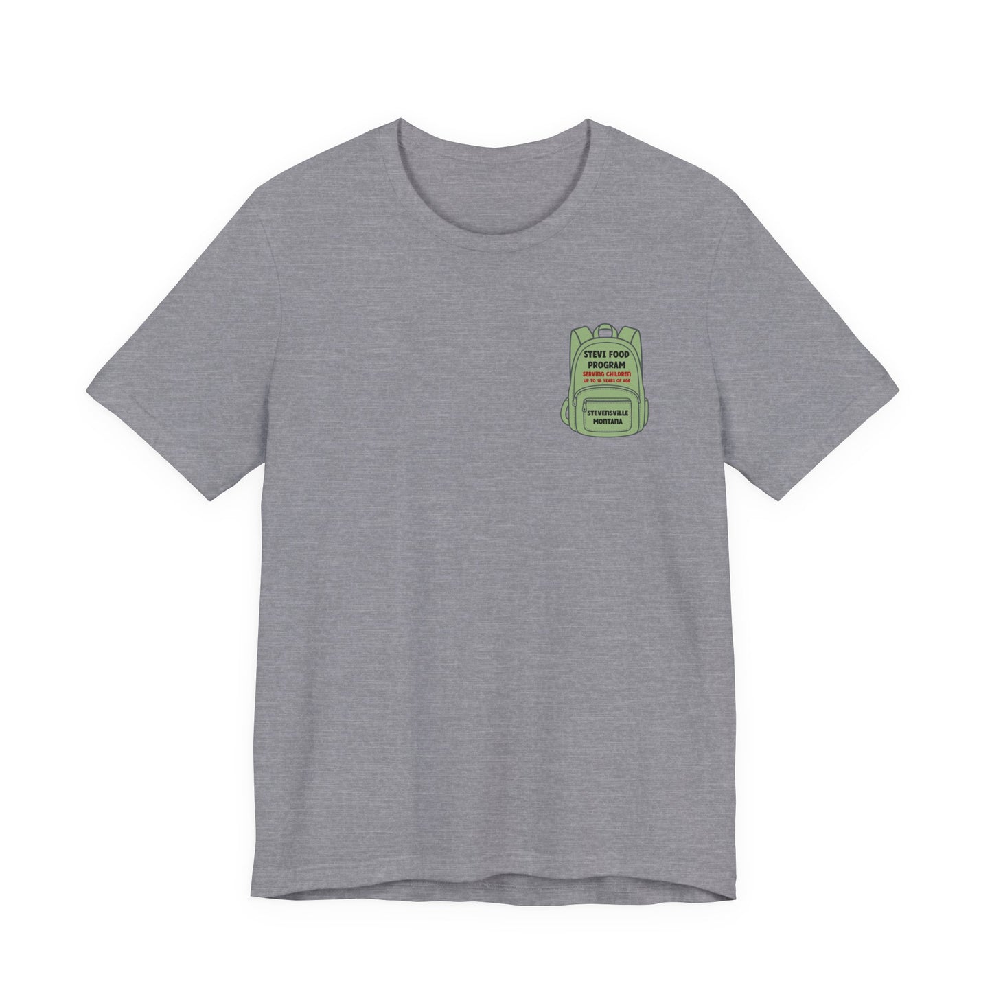 Stevi Food Program, backpack filled with love and food, image on the back, Unisex Jersey Short Sleeve Tee
