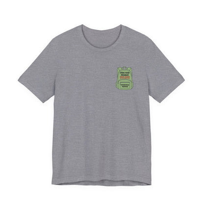 Stevi Food Program, backpack filled with love and food, image on the back, Unisex Jersey Short Sleeve Tee