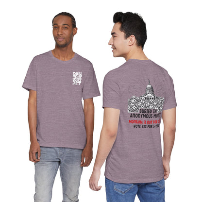 The Montana Plan, Buried in Anonymous Money, image on the back, Unisex Jersey Short Sleeve Tee