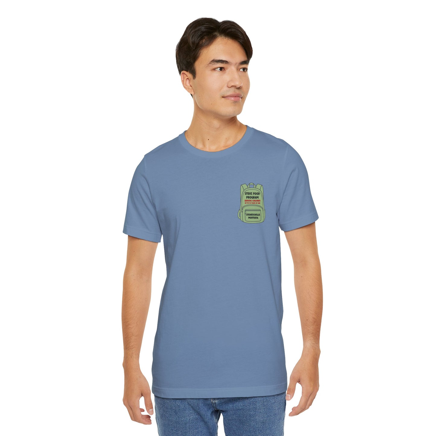 Stevi Food Program, backpack filled with love and food, image on the back, Unisex Jersey Short Sleeve Tee