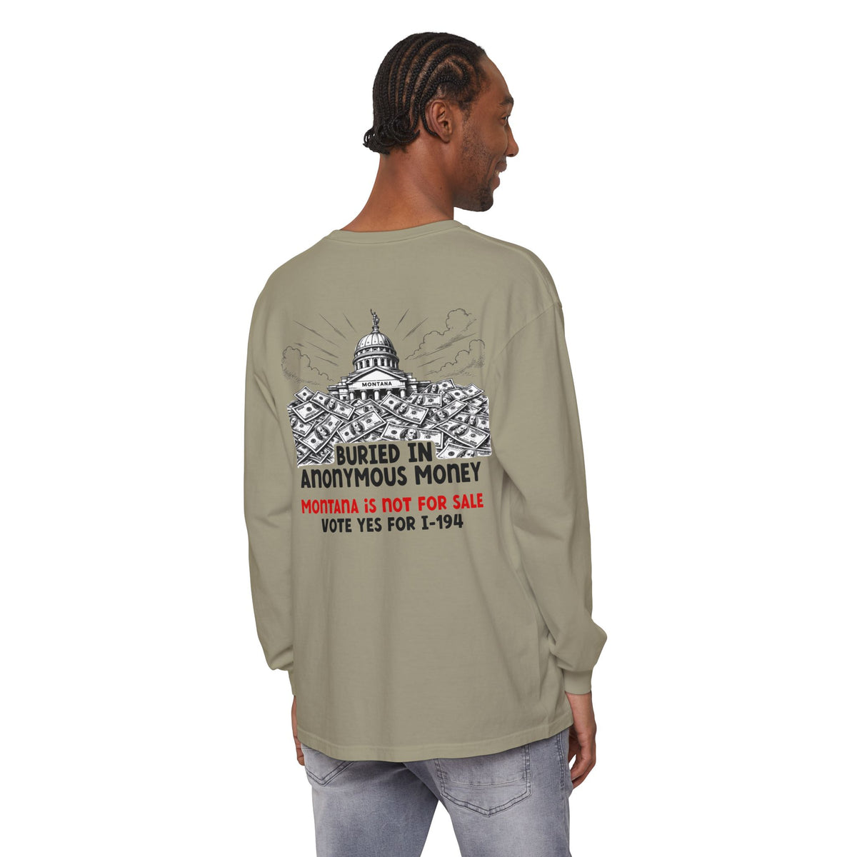 The Montana Plan, Buried in Anonymous Money, image on back - Unisex Long Sleeve