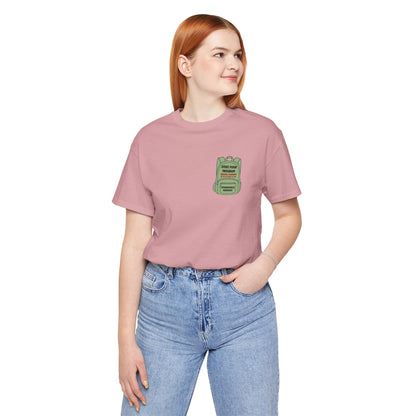 Stevi Food Program, backpack filled with love and food, image on the back, Unisex Jersey Short Sleeve Tee
