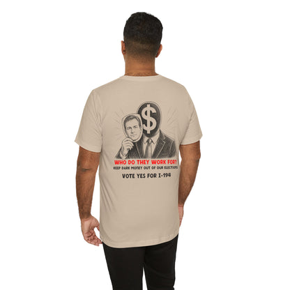 The Montana Plan, Who Do They Work For?, image on the back, Unisex Jersey Short Sleeve Tee