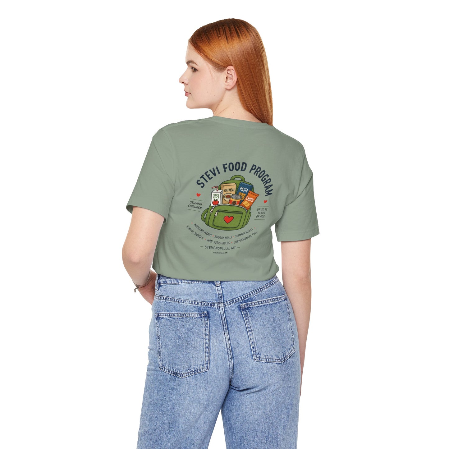 Stevi Food Program, backpack filled with love and food, image on the back, Unisex Jersey Short Sleeve Tee