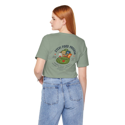 Stevi Food Program, backpack filled with love and food, image on the back, Unisex Jersey Short Sleeve Tee