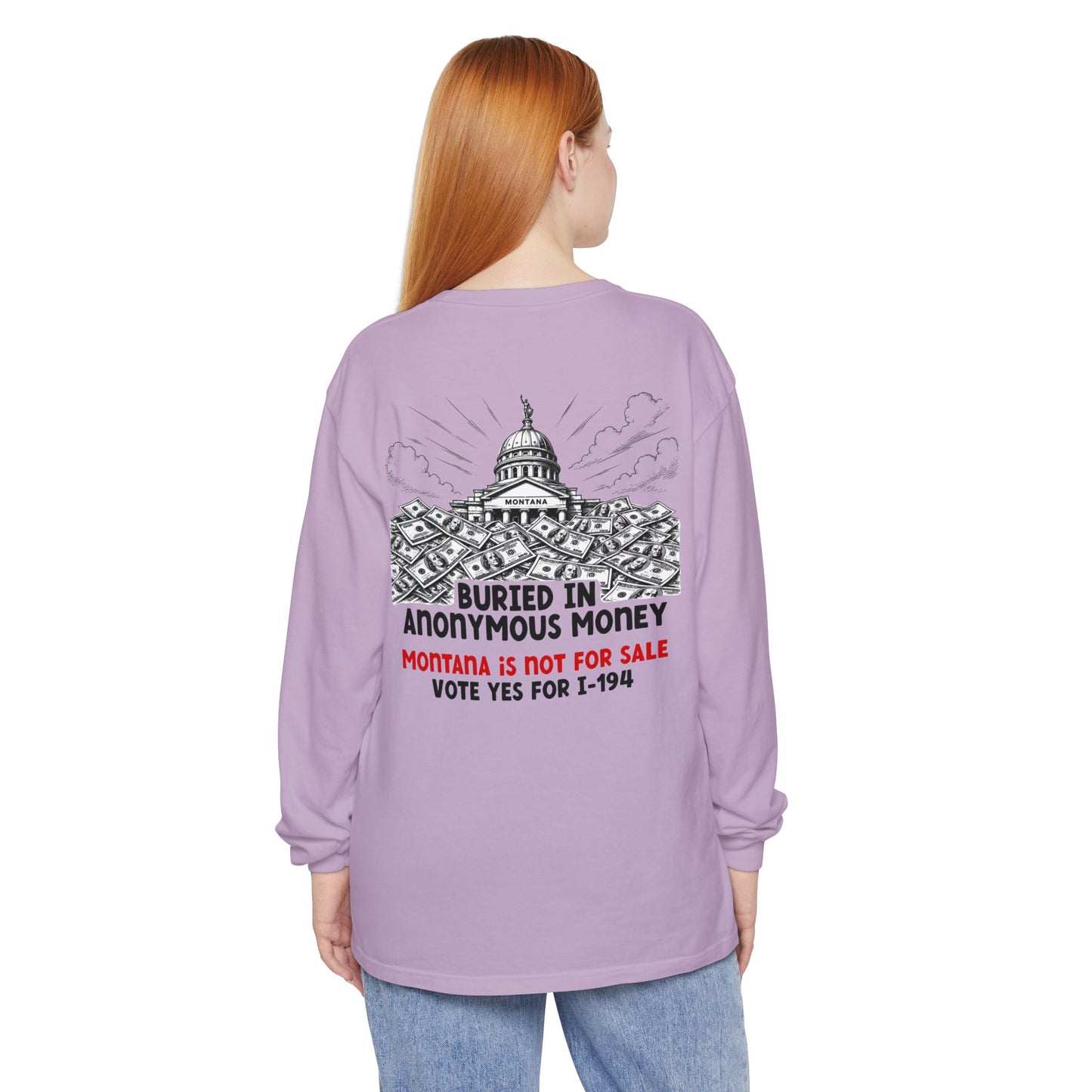 The Montana Plan, Buried in Anonymous Money, image on back - Unisex Long Sleeve