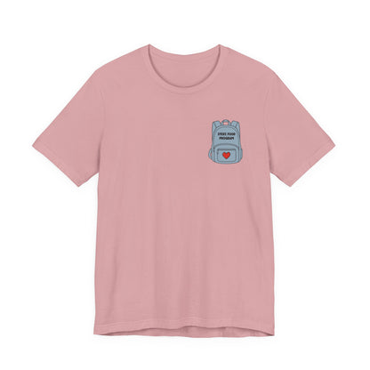 Stevi Food Program, backpack filled with love and food, image on the back, Unisex Jersey Short Sleeve Tee