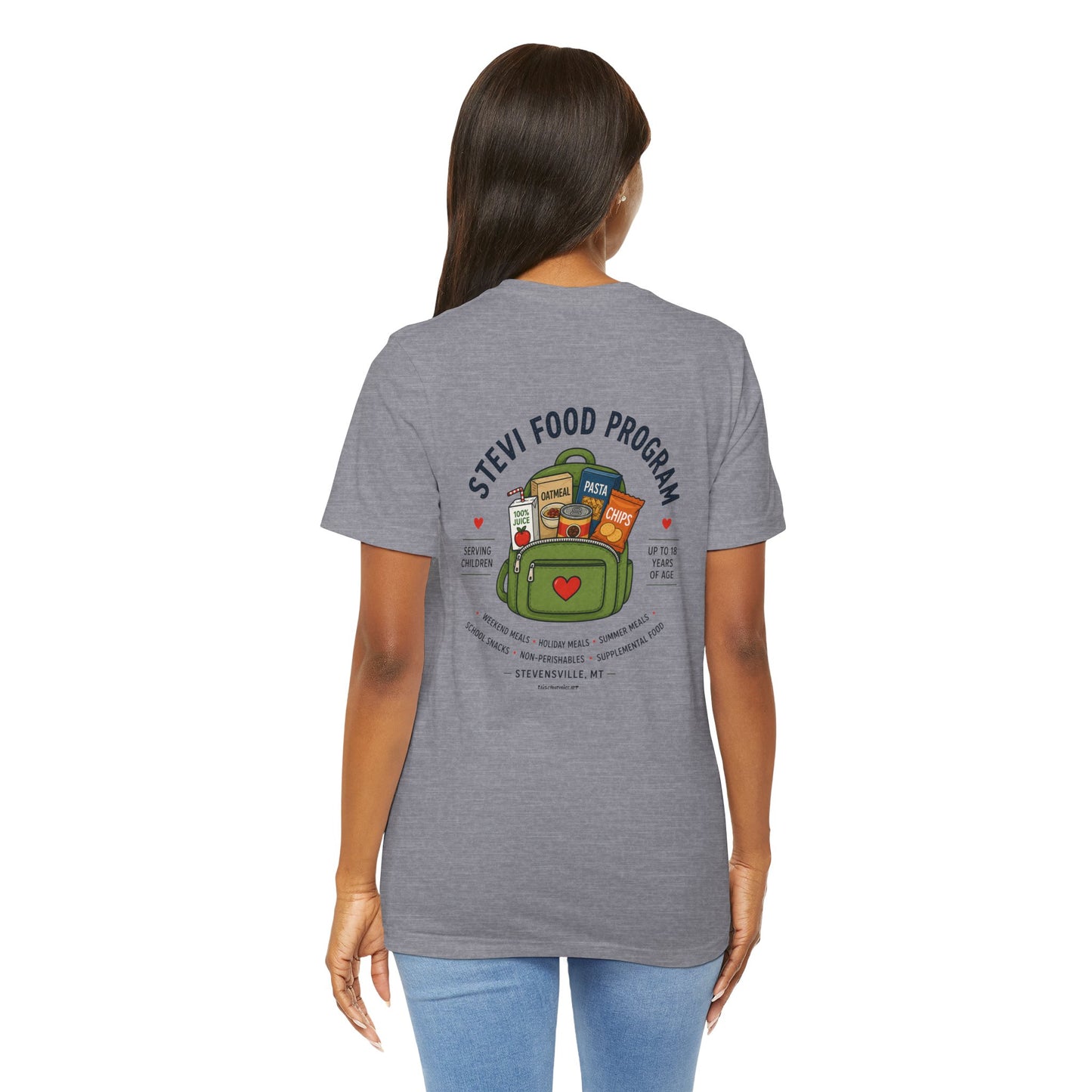 Stevi Food Program, backpack filled with love and food, image on the back, Unisex Jersey Short Sleeve Tee