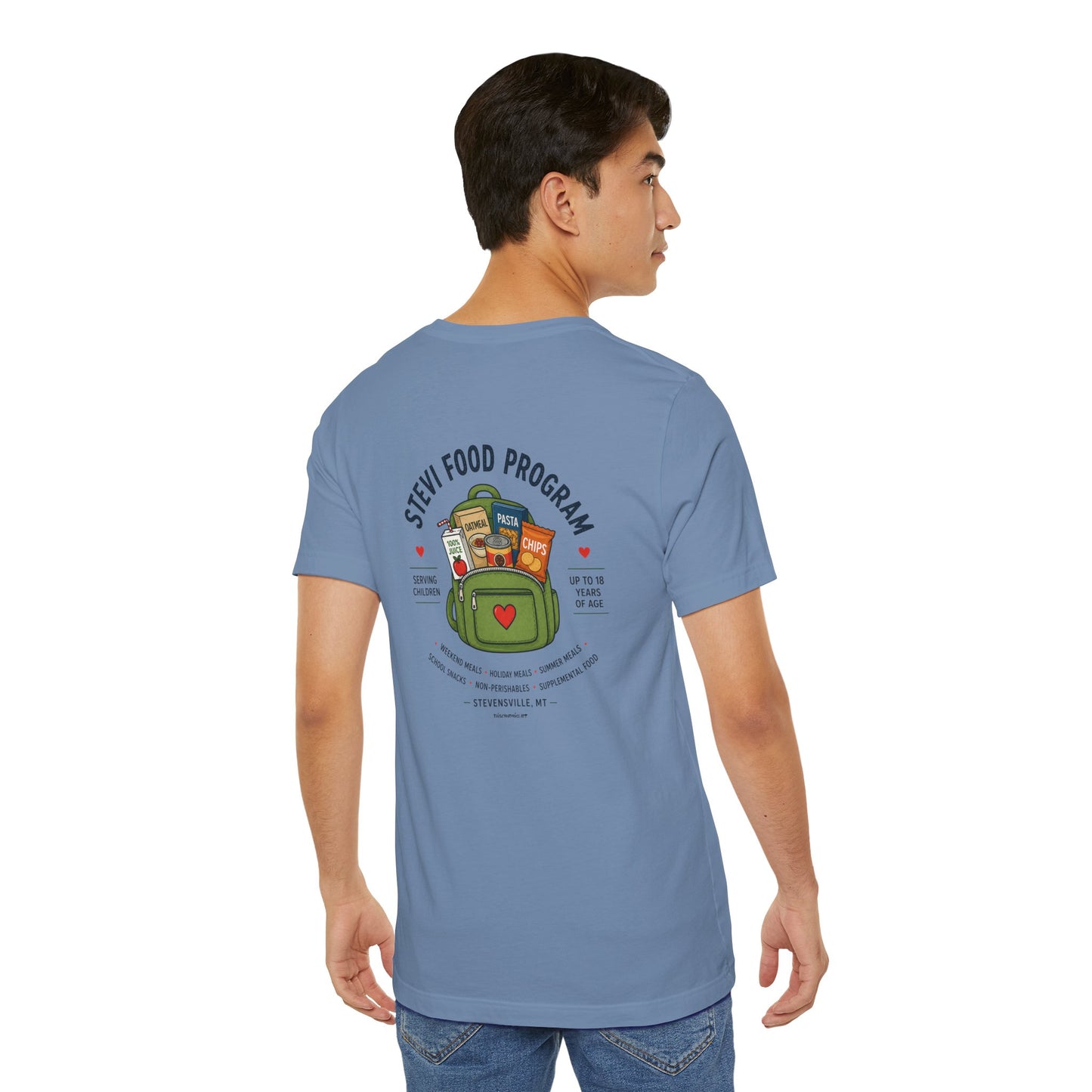 Stevi Food Program, backpack filled with love and food, image on the back, Unisex Jersey Short Sleeve Tee