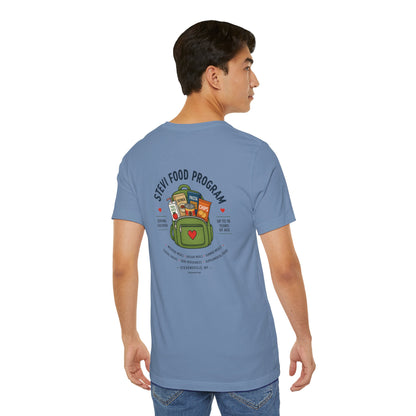 Stevi Food Program, backpack filled with love and food, image on the back, Unisex Jersey Short Sleeve Tee