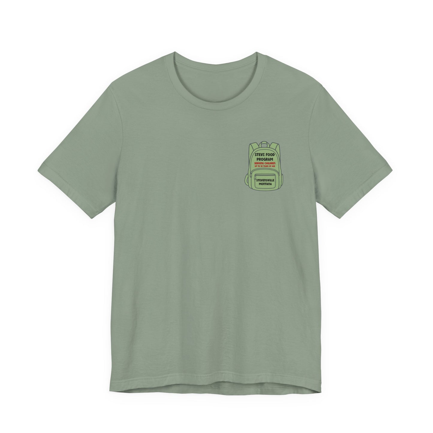Stevi Food Program, backpack filled with love and food, image on the back, Unisex Jersey Short Sleeve Tee