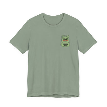 Stevi Food Program, backpack filled with love and food, image on the back, Unisex Jersey Short Sleeve Tee