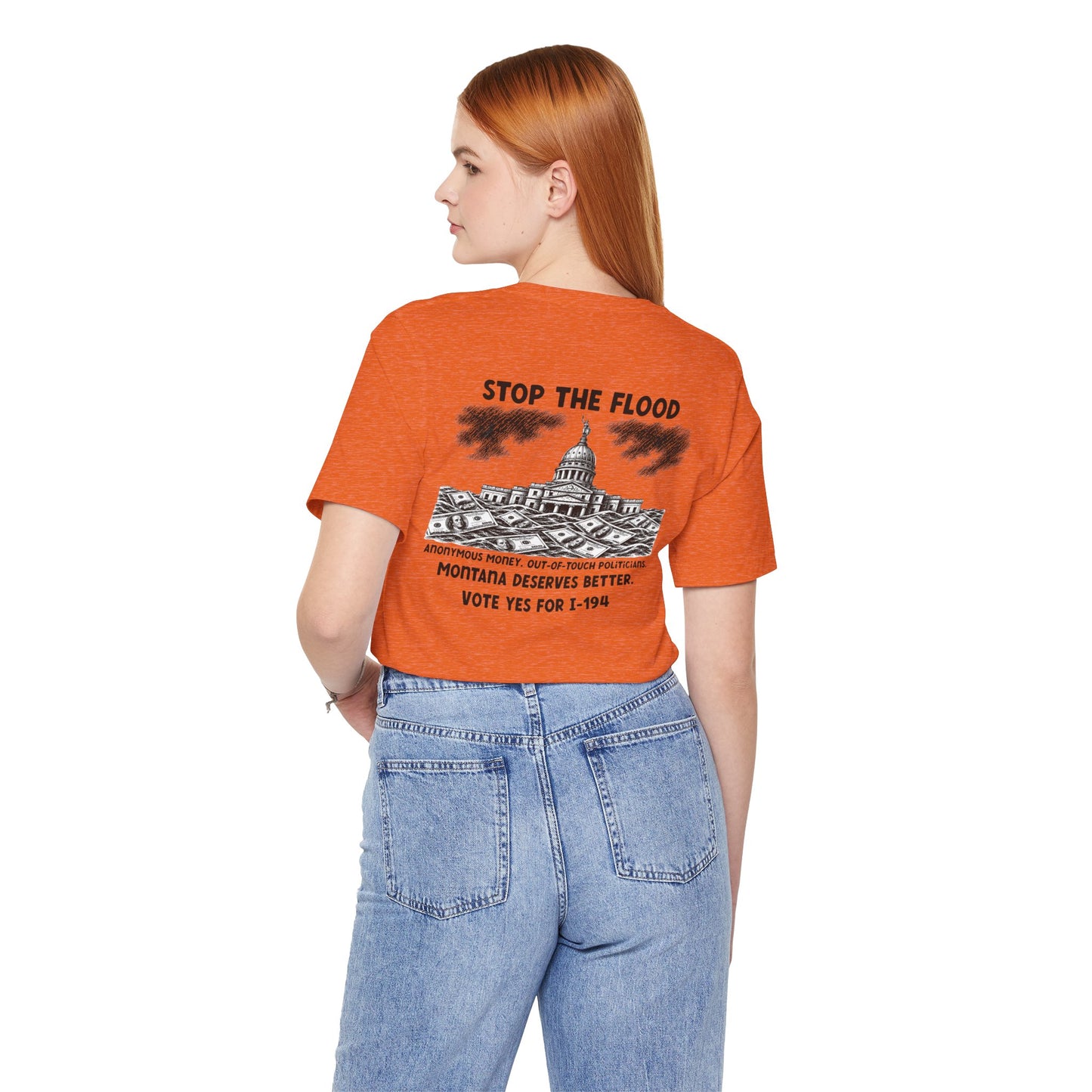 The Montana Plan, Stop the Flood, image on the back, Unisex Jersey Short Sleeve Tee