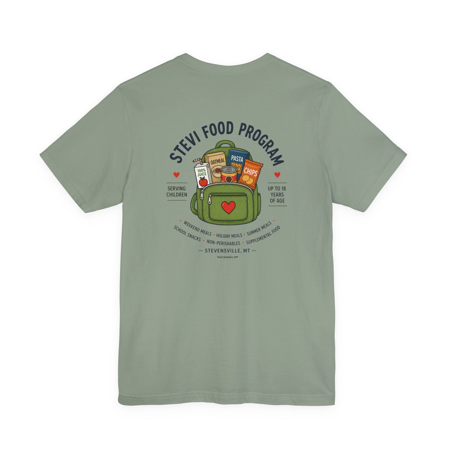 Stevi Food Program, backpack filled with love and food, image on the back, Unisex Jersey Short Sleeve Tee