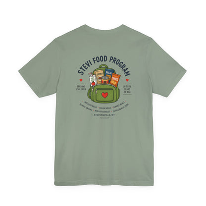 Stevi Food Program, backpack filled with love and food, image on the back, Unisex Jersey Short Sleeve Tee