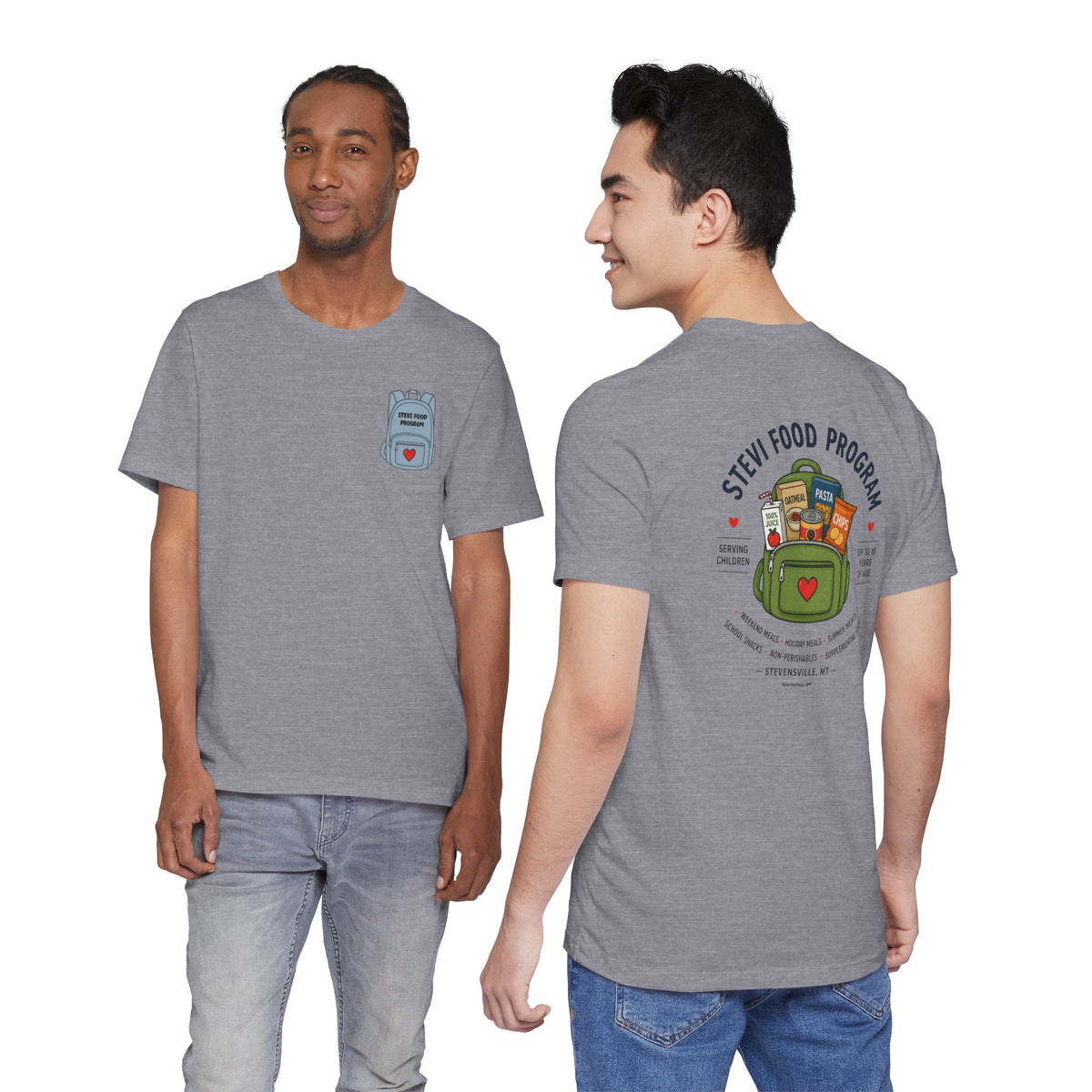 Stevi Food Program, backpack filled with love and food, image on the back, Unisex Jersey Short Sleeve Tee