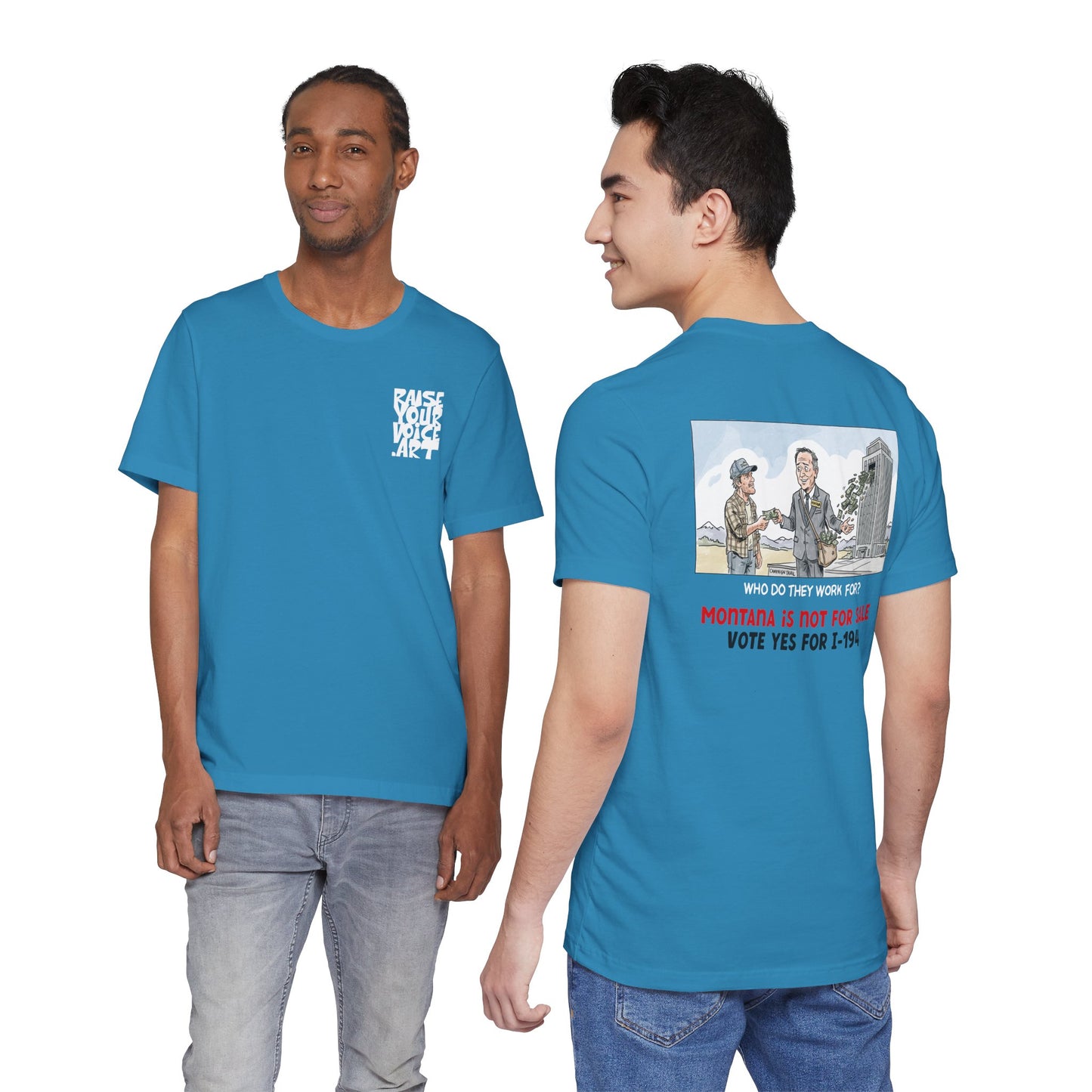 The Montana Plan, Real People, Who Do They Work For? image on the back, Unisex Jersey Short Sleeve Tee