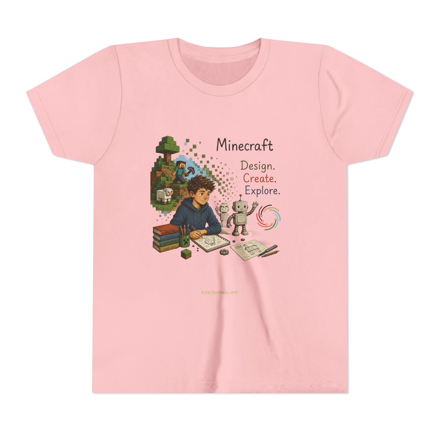 Coding For Kids Minecraft Design Create Explore  – Youth Short Sleeve Tee