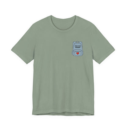 Stevi Food Program, backpack filled with love and food, image on the back, Unisex Jersey Short Sleeve Tee