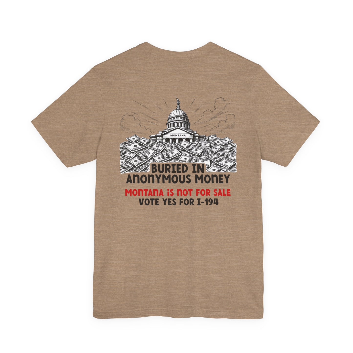 The Montana Plan, Buried in Anonymous Money, image on the back, Unisex Jersey Short Sleeve Tee