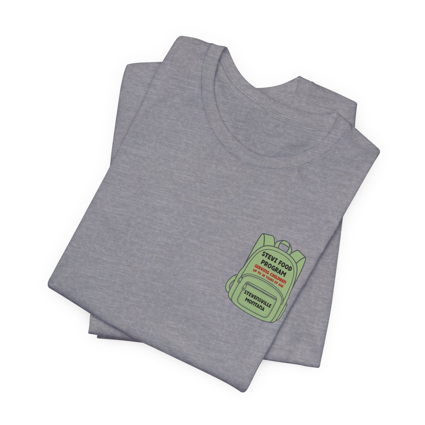 Stevi Food Program, backpack filled with love and food, image on the back, Unisex Jersey Short Sleeve Tee