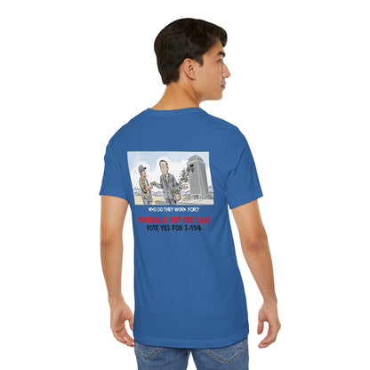 The Montana Plan, Real People, Who Do They Work For? image on the back, Unisex Jersey Short Sleeve Tee