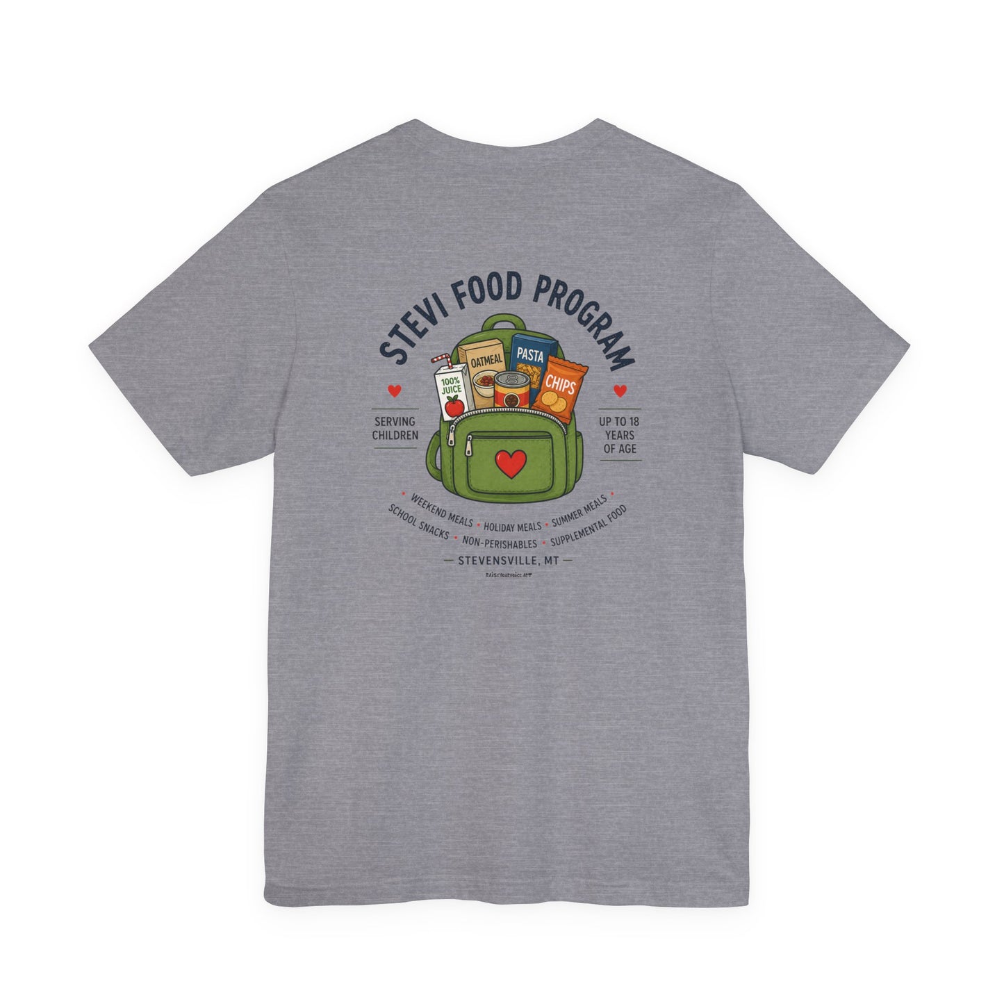 Stevi Food Program, backpack filled with love and food, image on the back, Unisex Jersey Short Sleeve Tee