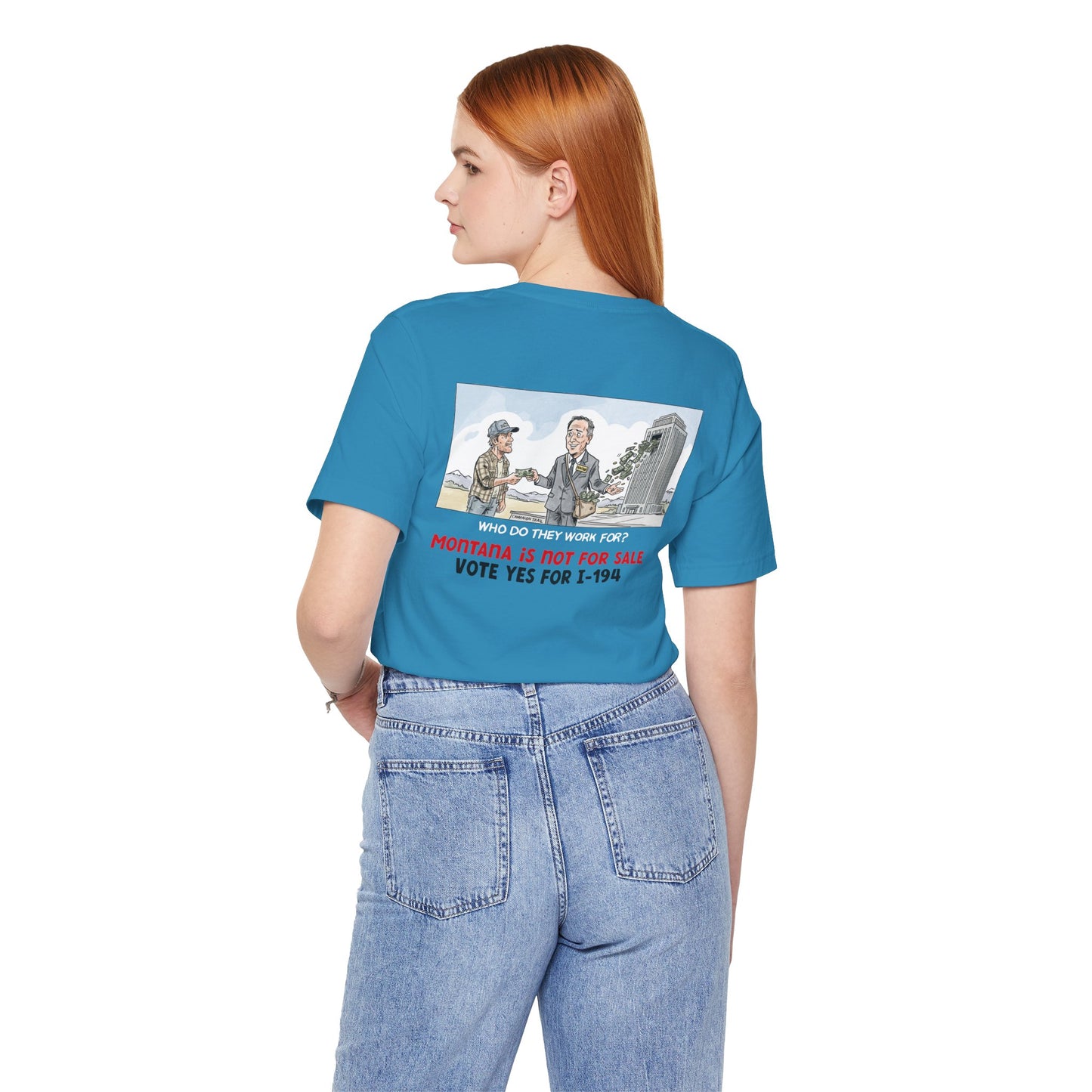 The Montana Plan, Real People, Who Do They Work For? image on the back, Unisex Jersey Short Sleeve Tee