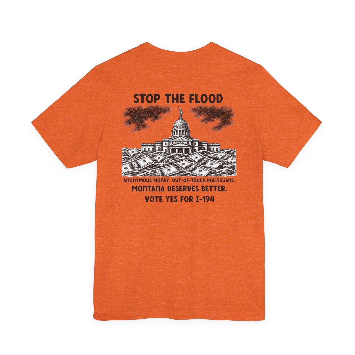 The Montana Plan, Stop the Flood, image on the back, Unisex Jersey Short Sleeve Tee