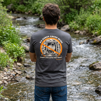 No Sheep Creek Mine, Don’t Pollute the Root, image on the back, Unisex Jersey Short Sleeve Tee