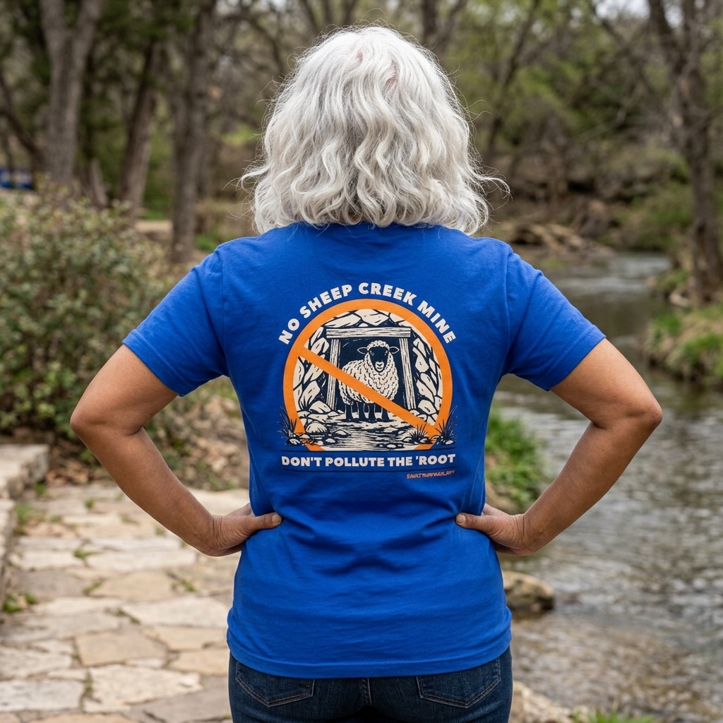 No Sheep Creek Mine, Don’t Pollute the Root, image on the back, Unisex Jersey Short Sleeve Tee