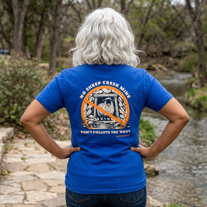 No Sheep Creek Mine, Don’t Pollute the Root, image on the back, Unisex Jersey Short Sleeve Tee