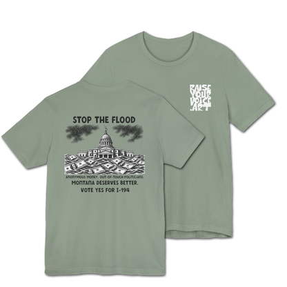 The Montana Plan, Stop the Flood, image on the back, Unisex Jersey Short Sleeve Tee