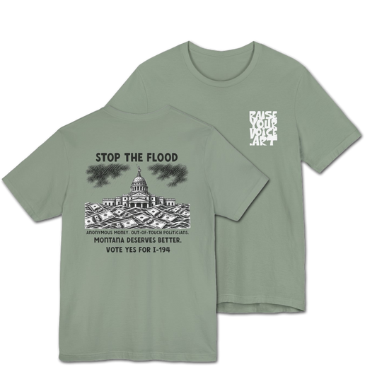 The Montana Plan, Stop the Flood, image on the back, Unisex Jersey Short Sleeve Tee