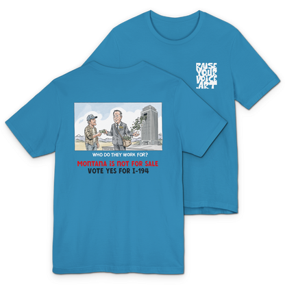 The Montana Plan, Real People, Who Do They Work For? image on the back, Unisex Jersey Short Sleeve Tee