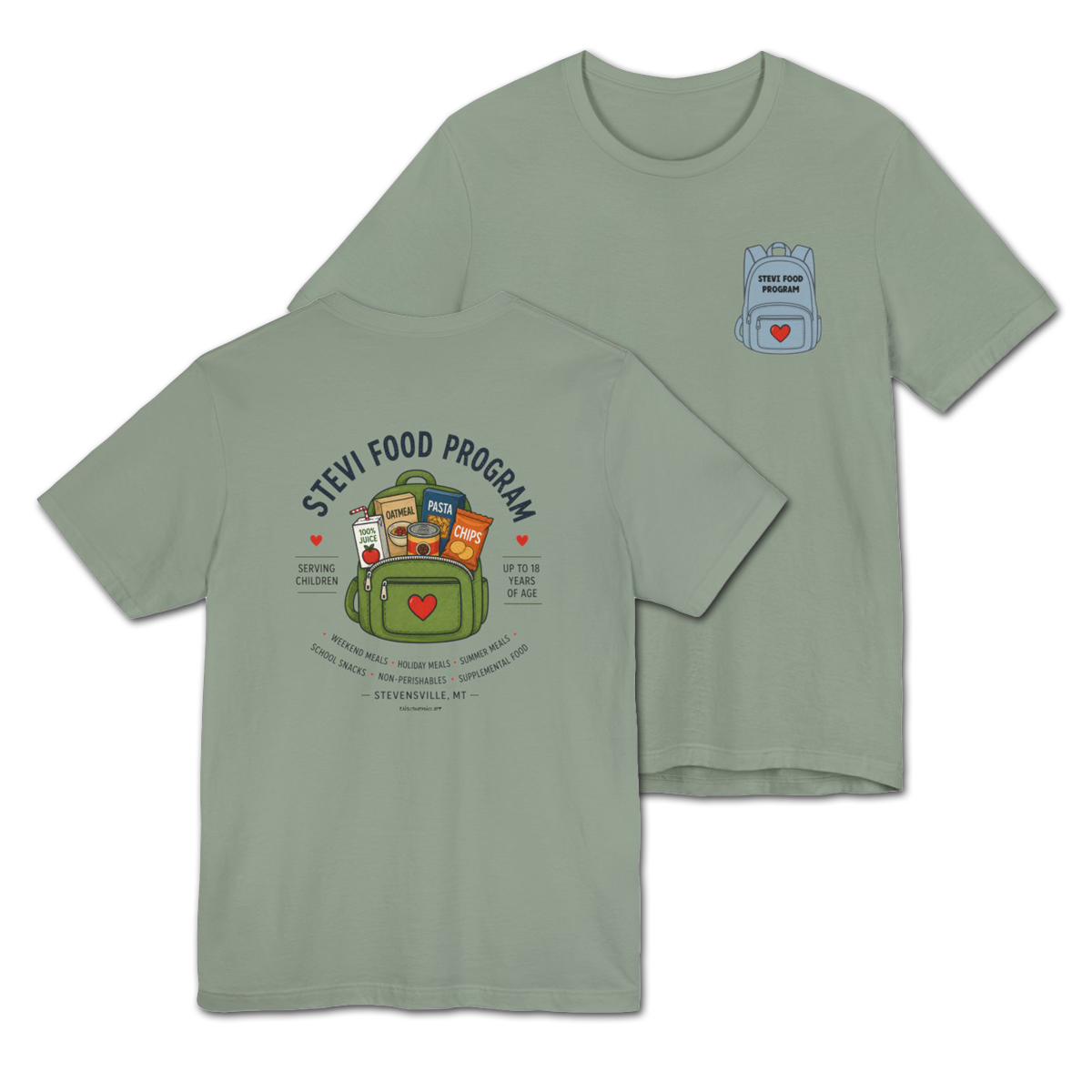 Stevi Food Program, backpack filled with love and food, image on the back, Unisex Jersey Short Sleeve Tee