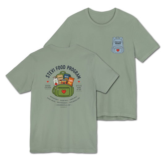 Stevi Food Program, backpack filled with love and food, image on the back, Unisex Jersey Short Sleeve Tee
