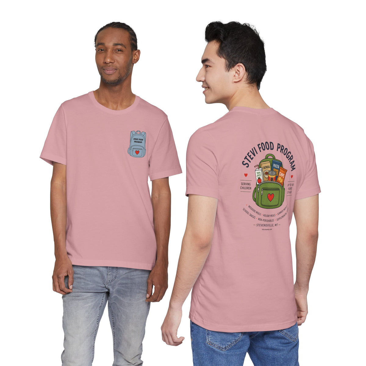 Stevi Food Program, backpack filled with love and food, image on the back, Unisex Jersey Short Sleeve Tee