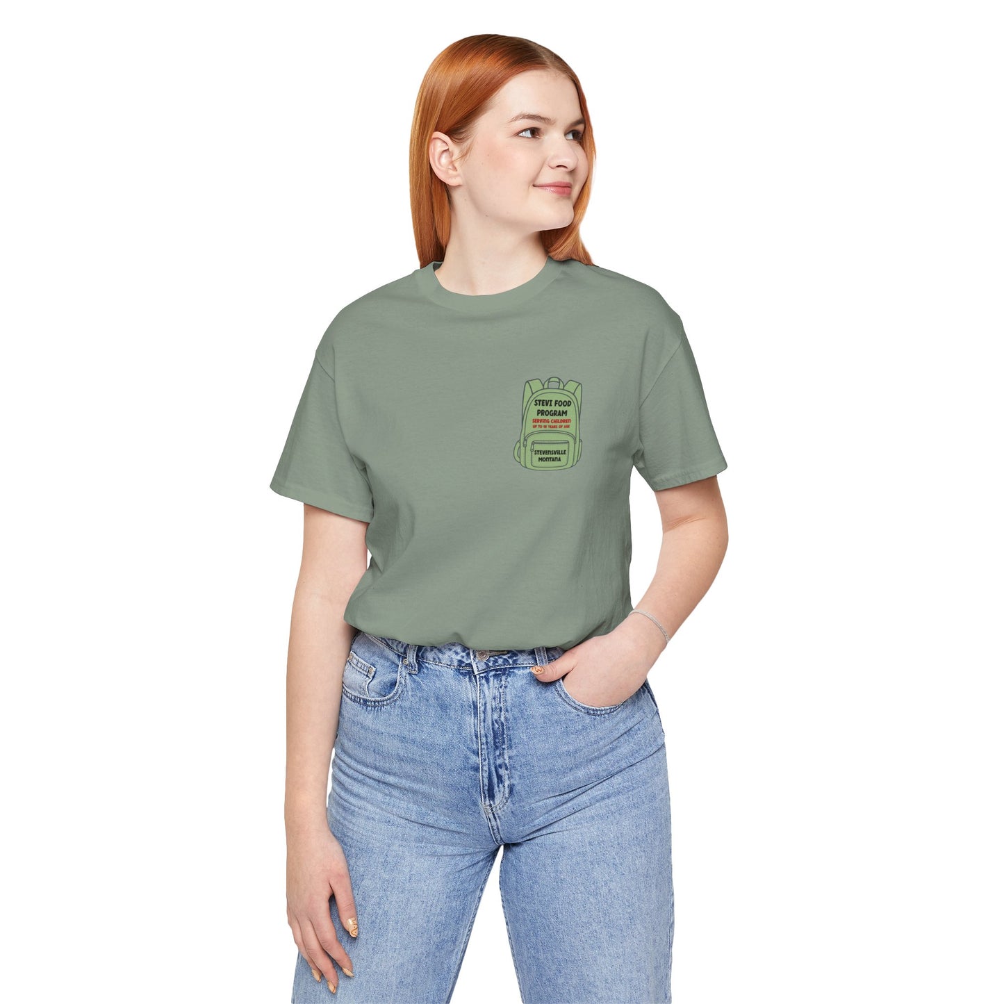 Stevi Food Program, backpack filled with love and food, image on the back, Unisex Jersey Short Sleeve Tee