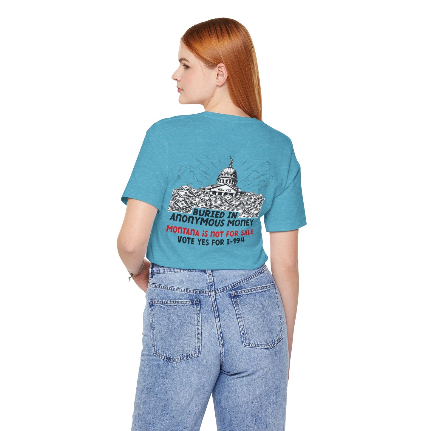 The Montana Plan, Buried in Anonymous Money, image on the back, Unisex Jersey Short Sleeve Tee