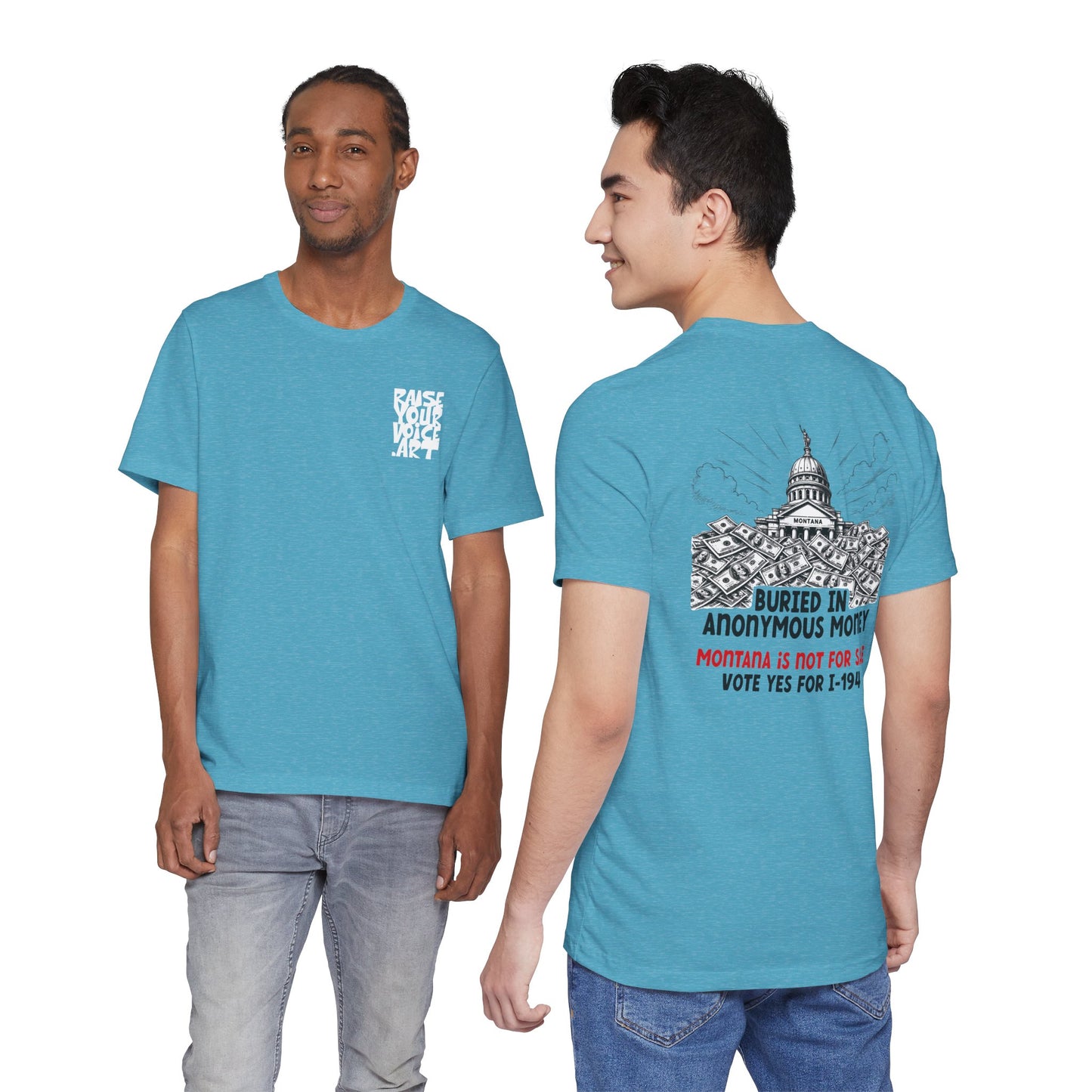 The Montana Plan, Buried in Anonymous Money, image on the back, Unisex Jersey Short Sleeve Tee