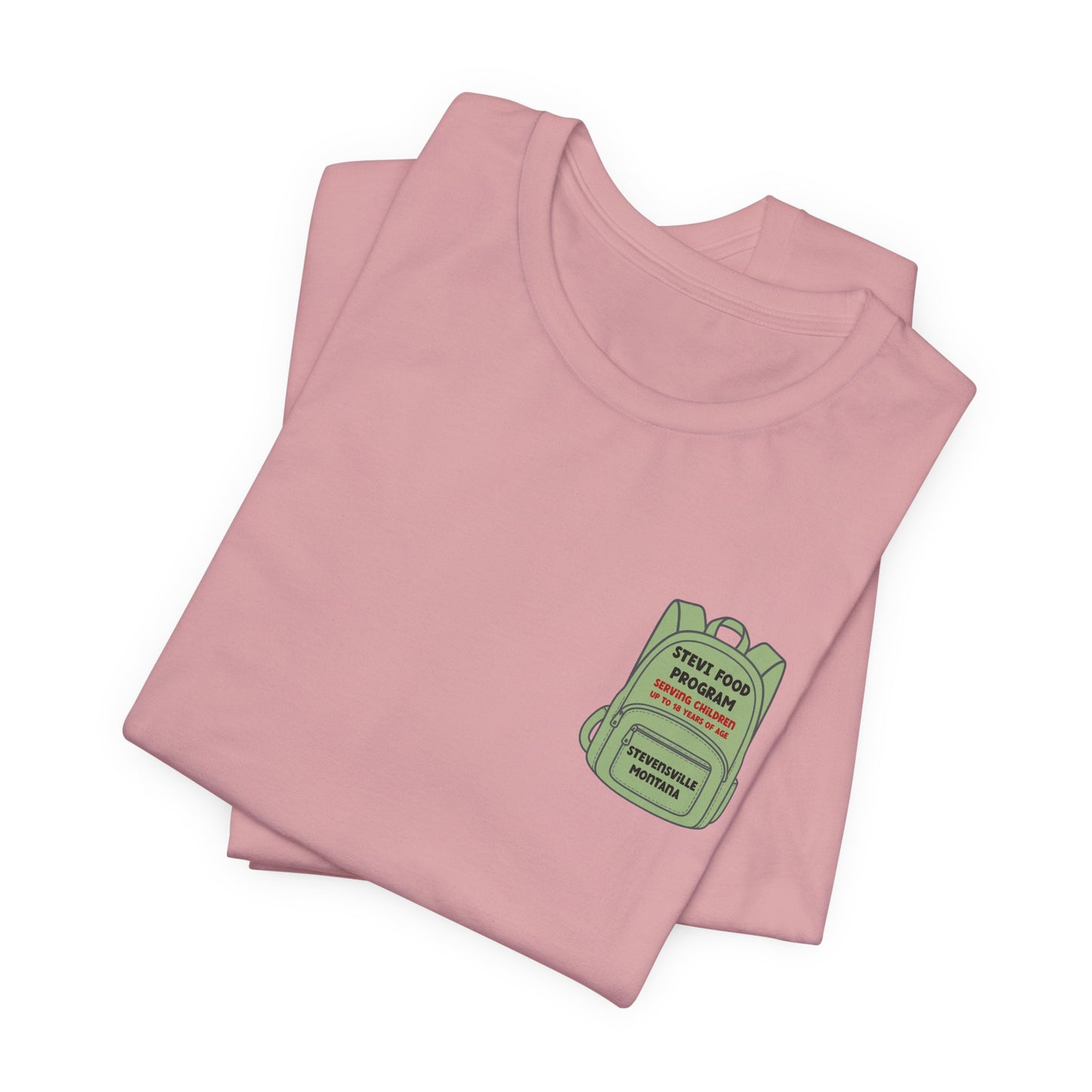 Stevi Food Program, backpack filled with love and food, image on the back, Unisex Jersey Short Sleeve Tee