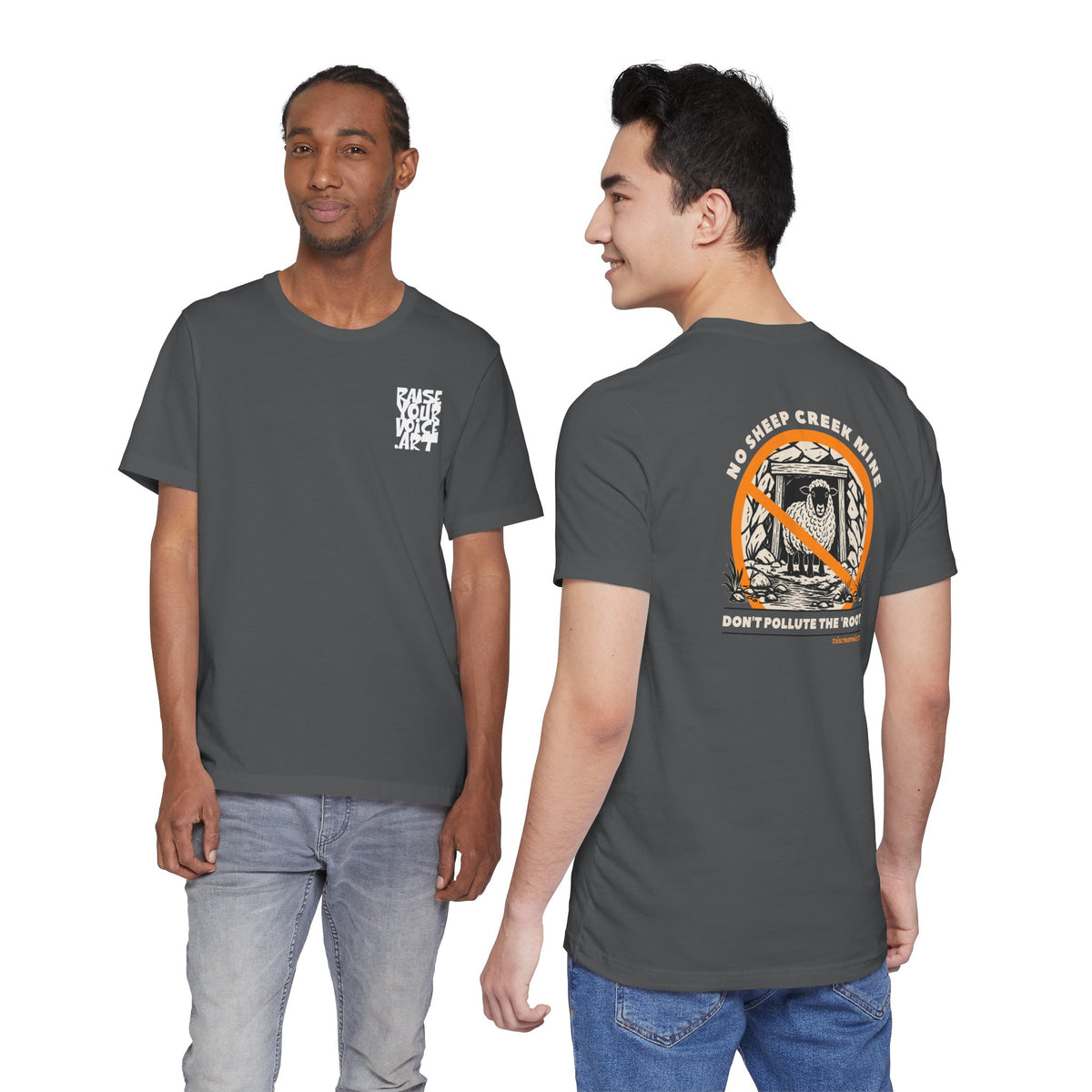 No Sheep Creek Mine, Don’t Pollute the Root, image on the back, Unisex Jersey Short Sleeve Tee