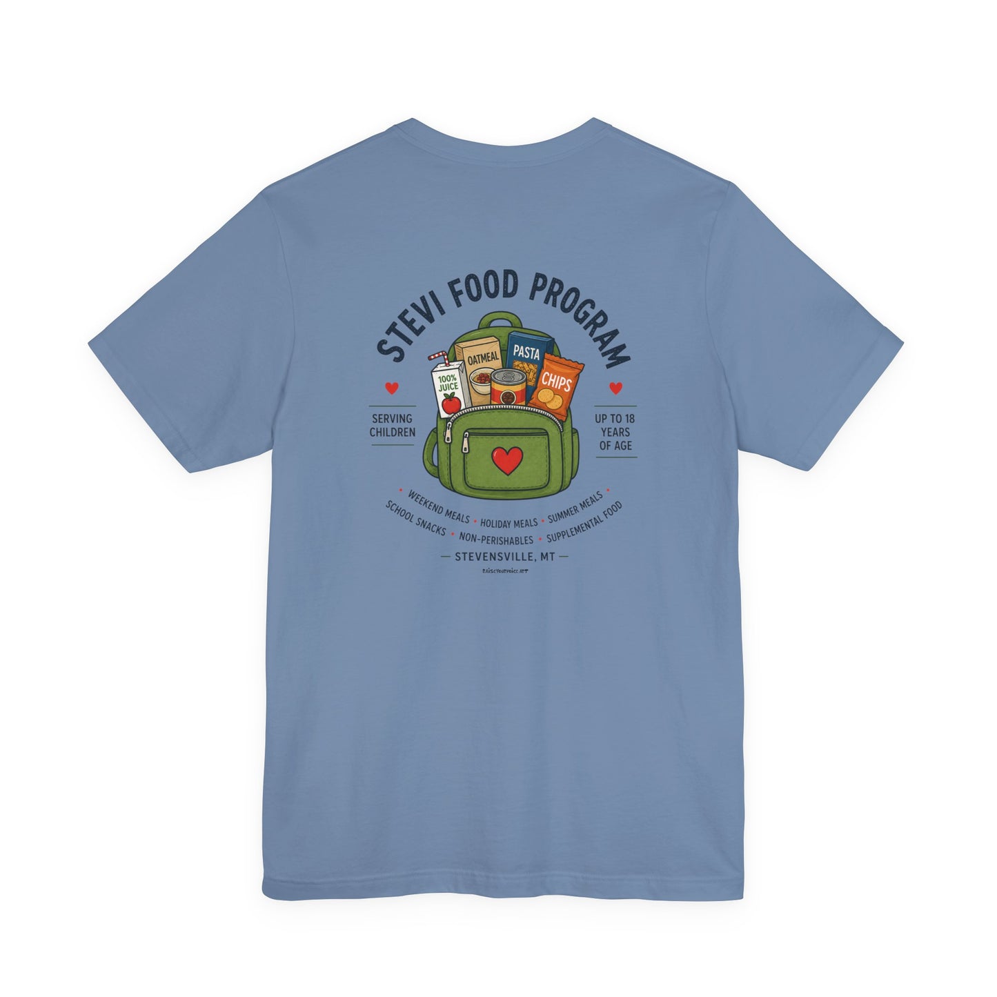 Stevi Food Program, backpack filled with love and food, image on the back, Unisex Jersey Short Sleeve Tee